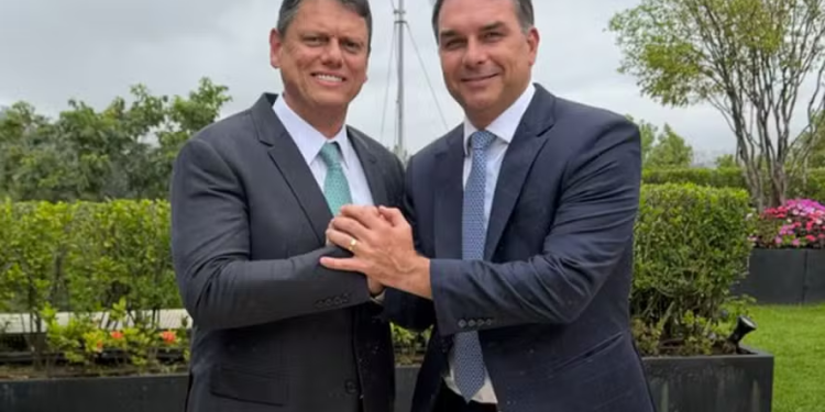 Flávio Bolsonaro e Tarcísio posam juntos pela 1ª vez após anúncio de candidatura à presidência